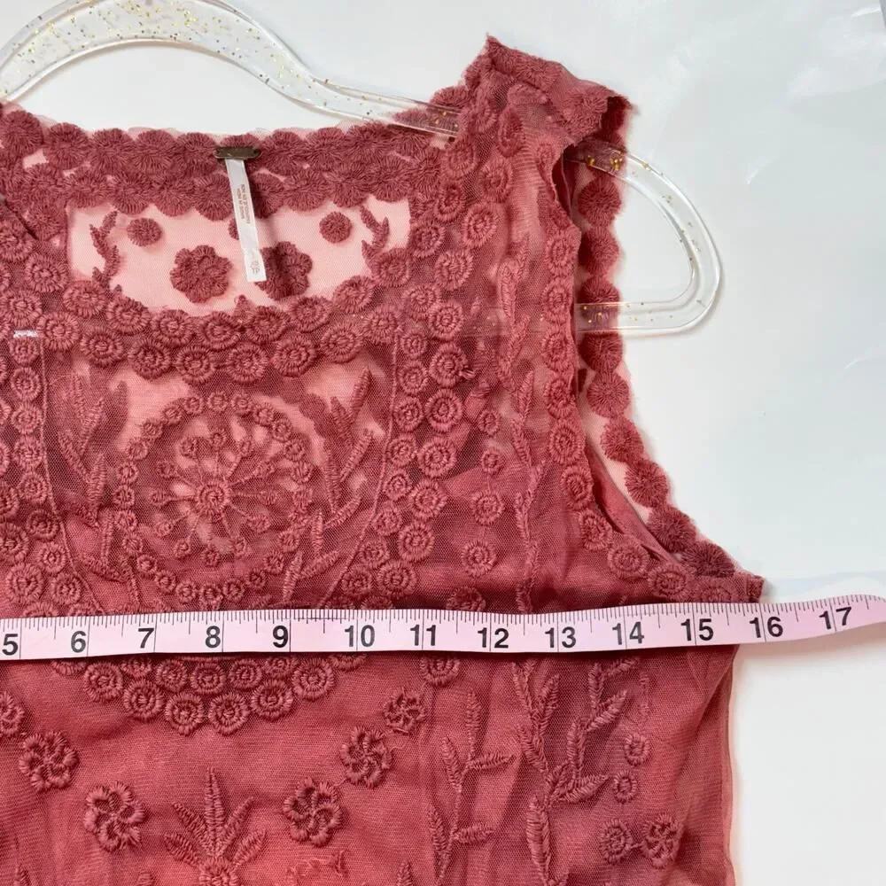 Free People Embroidered Mesh Mini Dress in Red Rouge Sheer with Liner XS